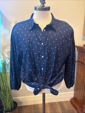 LOFT Navy Button-Up Shirt with Yellow Flowers XL